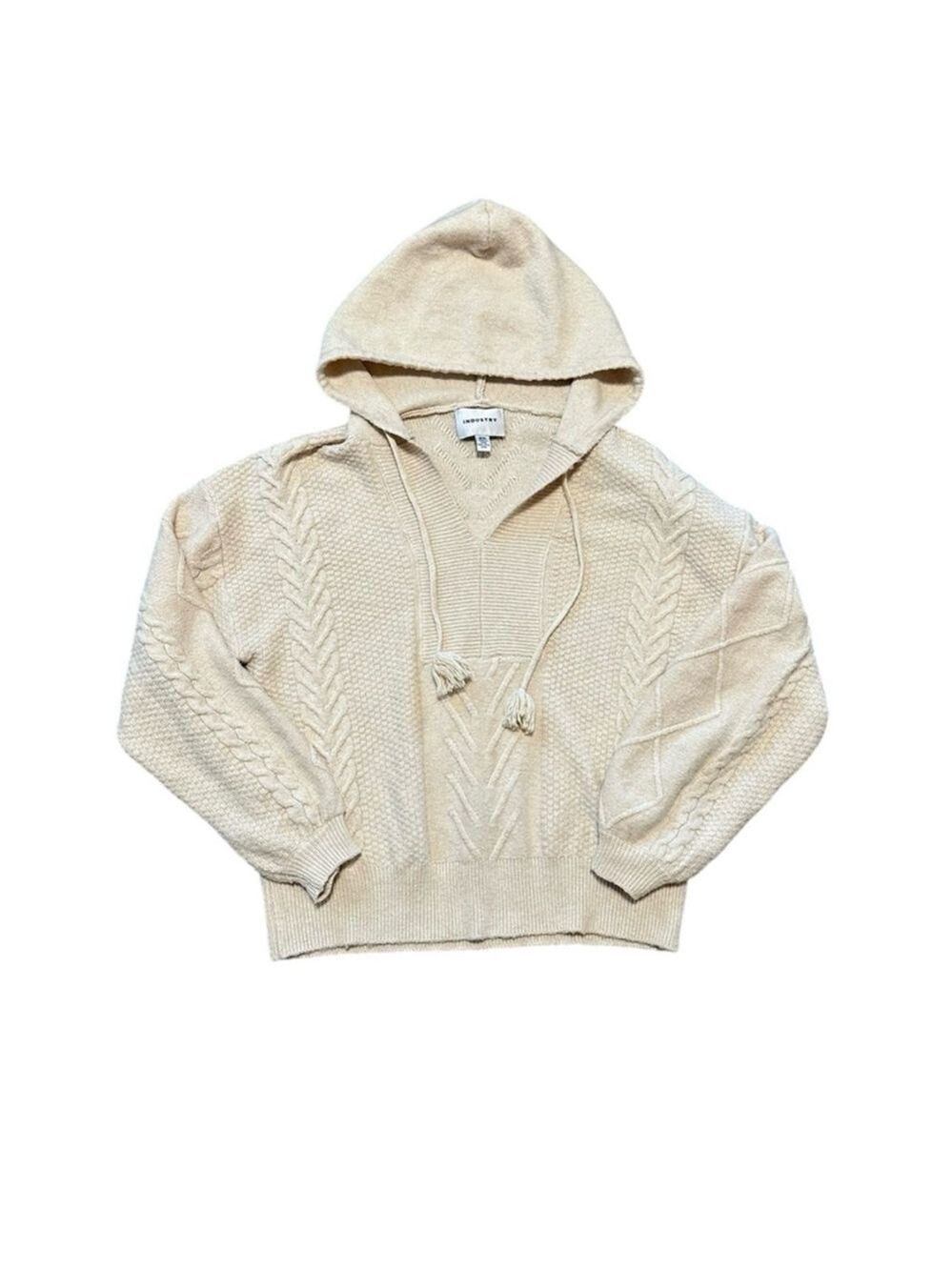 Industry Cream Knit Hoodie Sweater Medium Boho Cable Knit Pullover